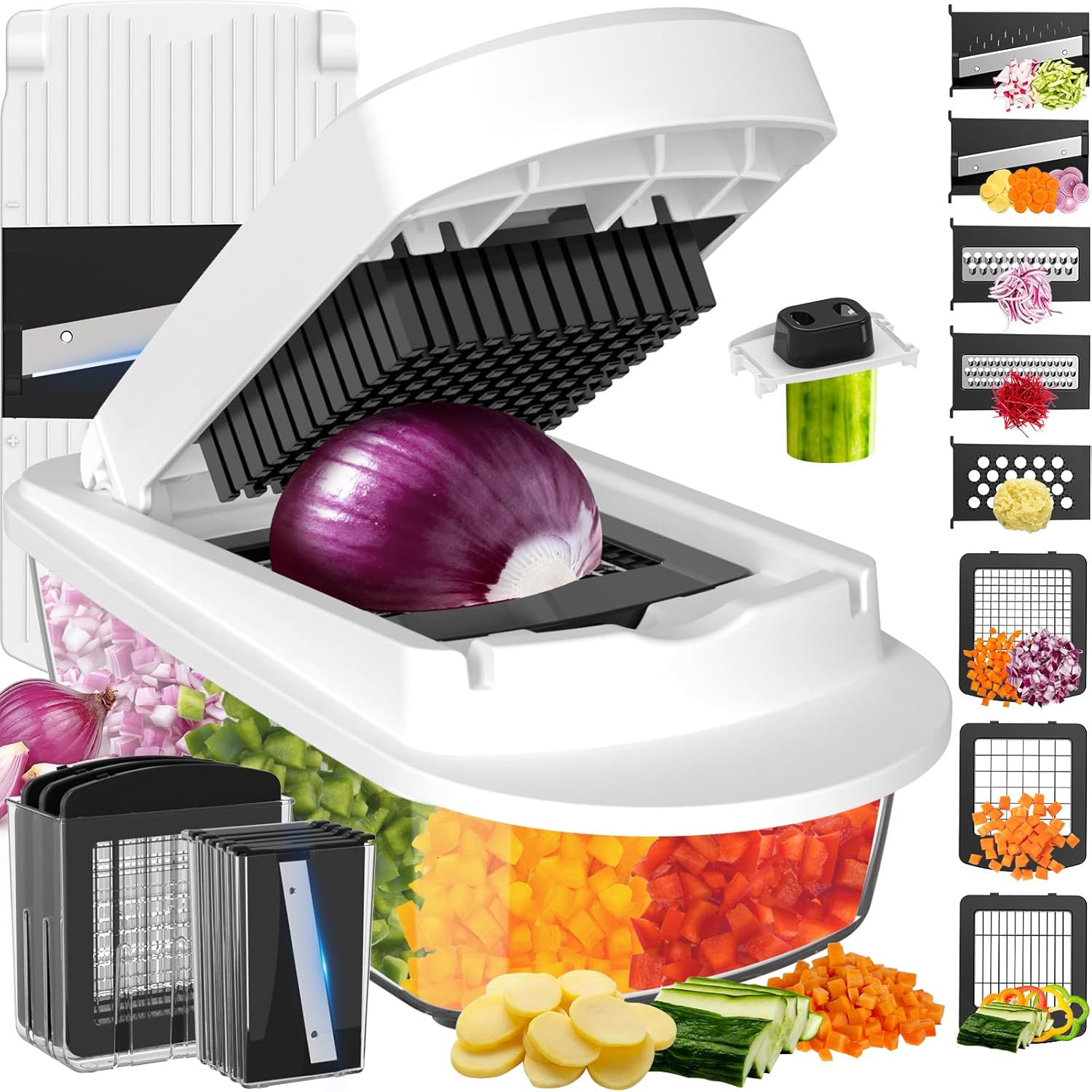 Ukeetap 8-Blade Cook Tool & Gadget Sets, Chopper Slicer Grater Set, White | Vegetable Chopper Mandoline Slicer Food Grater with Container for Onion, Veggie Salad